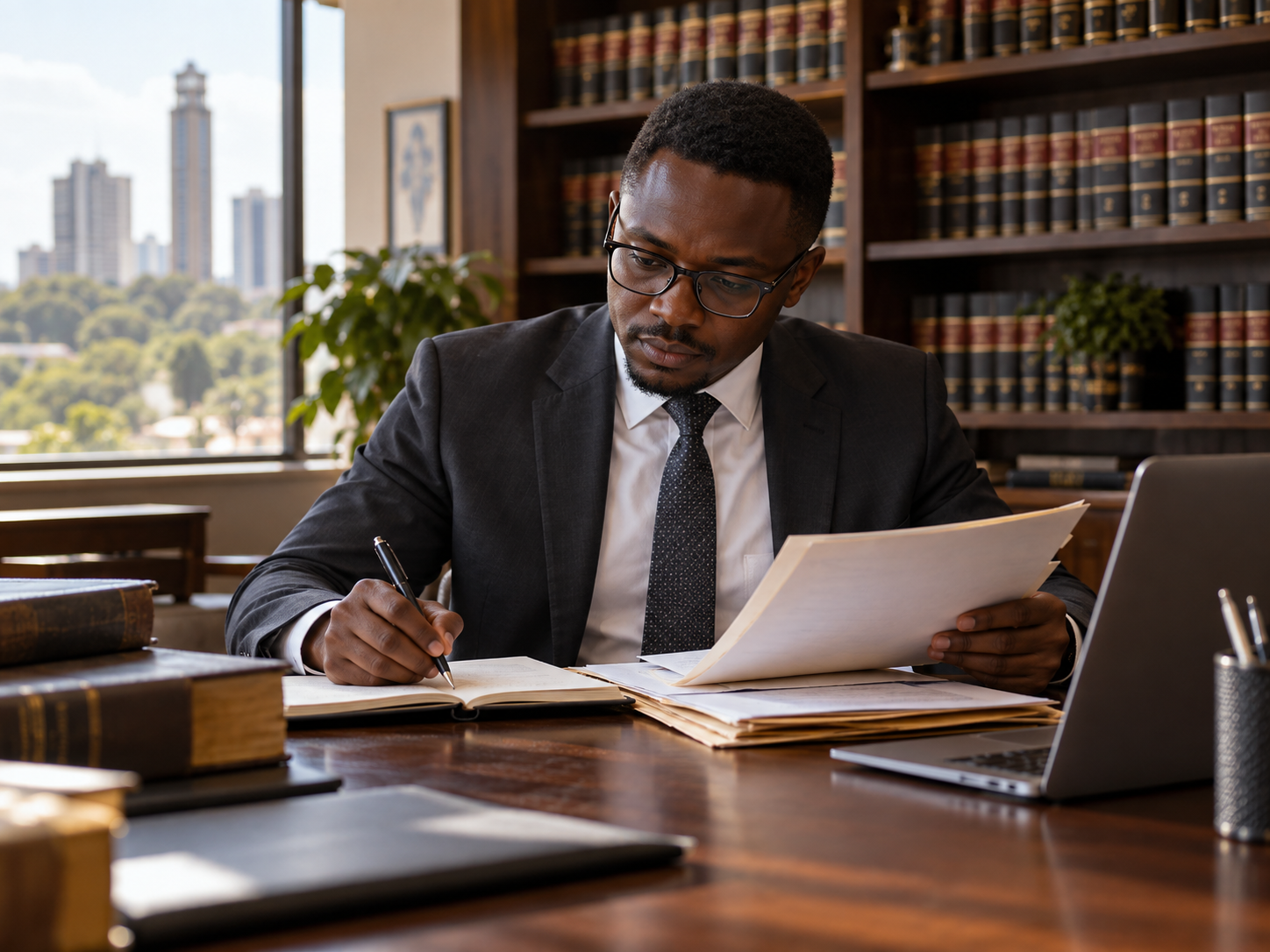 A Kenyan advocate reviewing a case file in a Nairobi law library.
