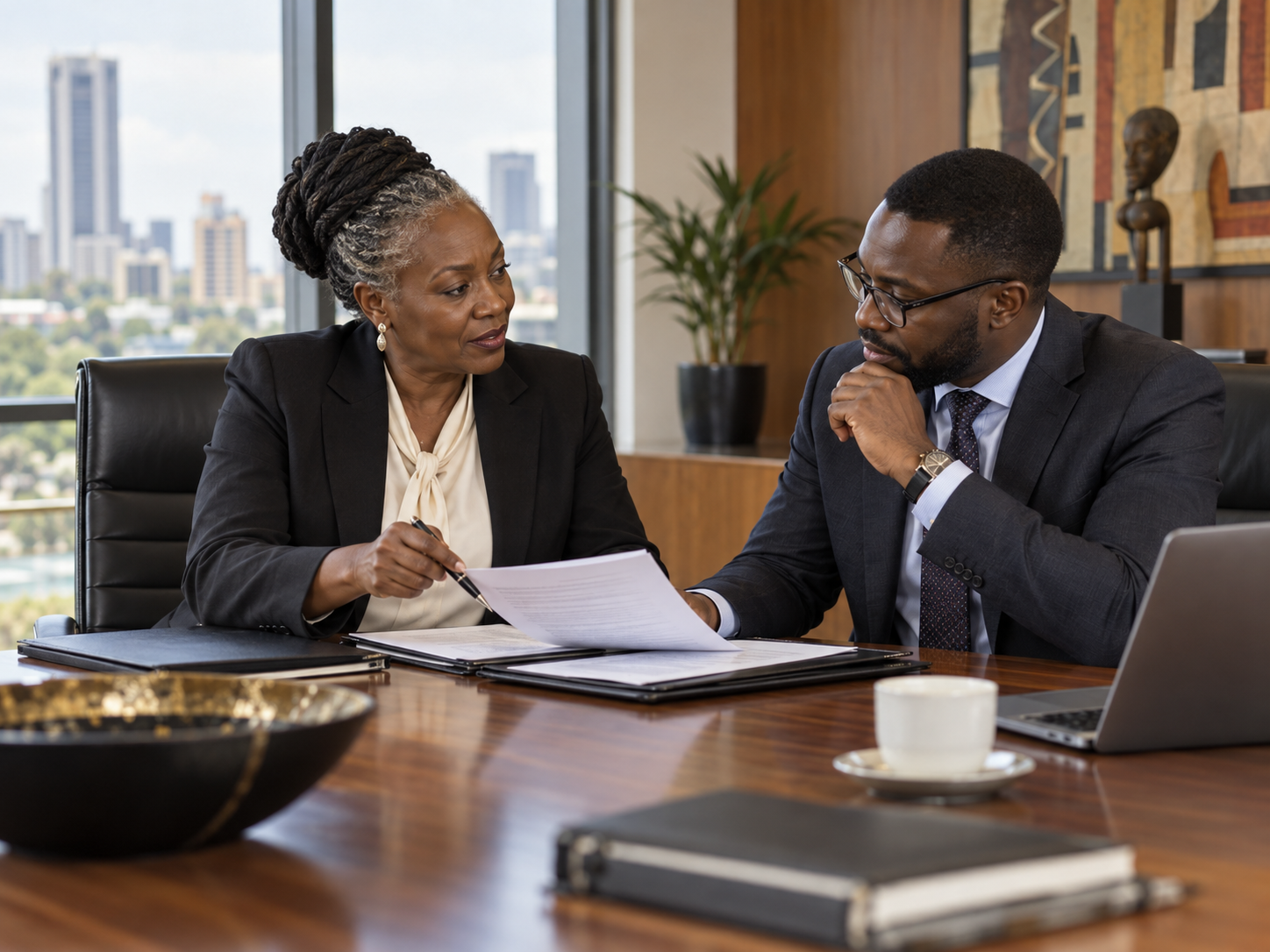 A senior Kenyan advocate advising a business client in Nairobi.