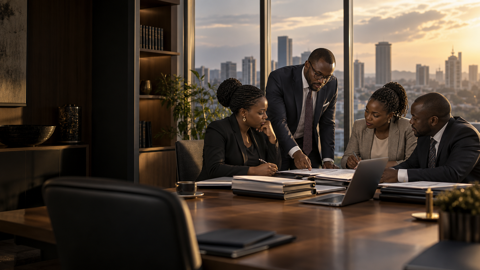 Kenyan advocates collaborating on a commercial matter in a Nairobi office.