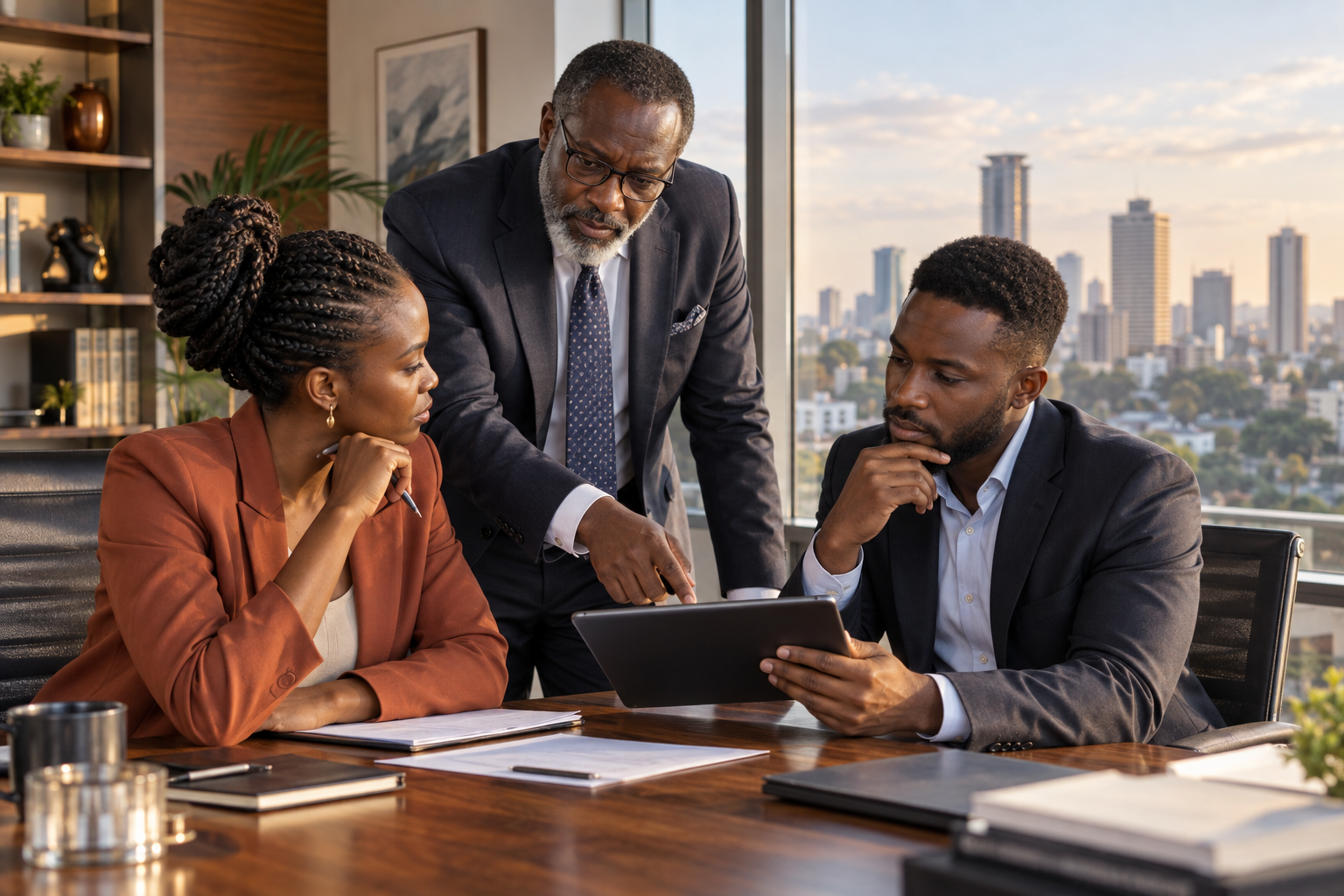 A senior Kenyan legal partner advising two business founders.