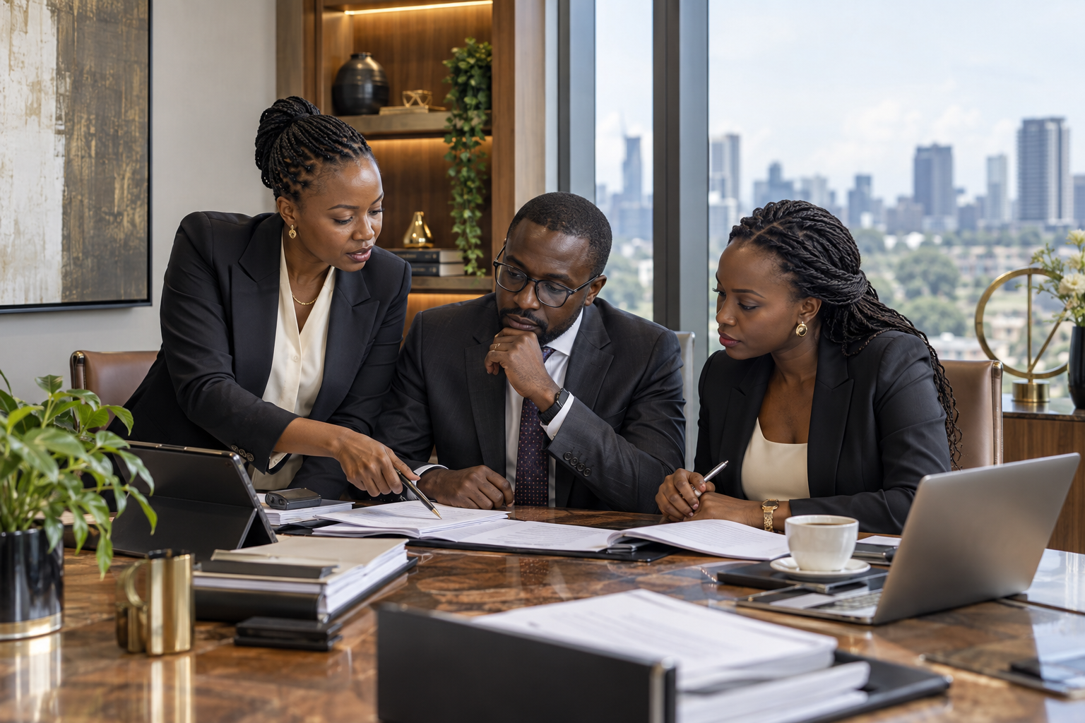 Three Kenyan advocates conducting corporate due diligence in Nairobi.
