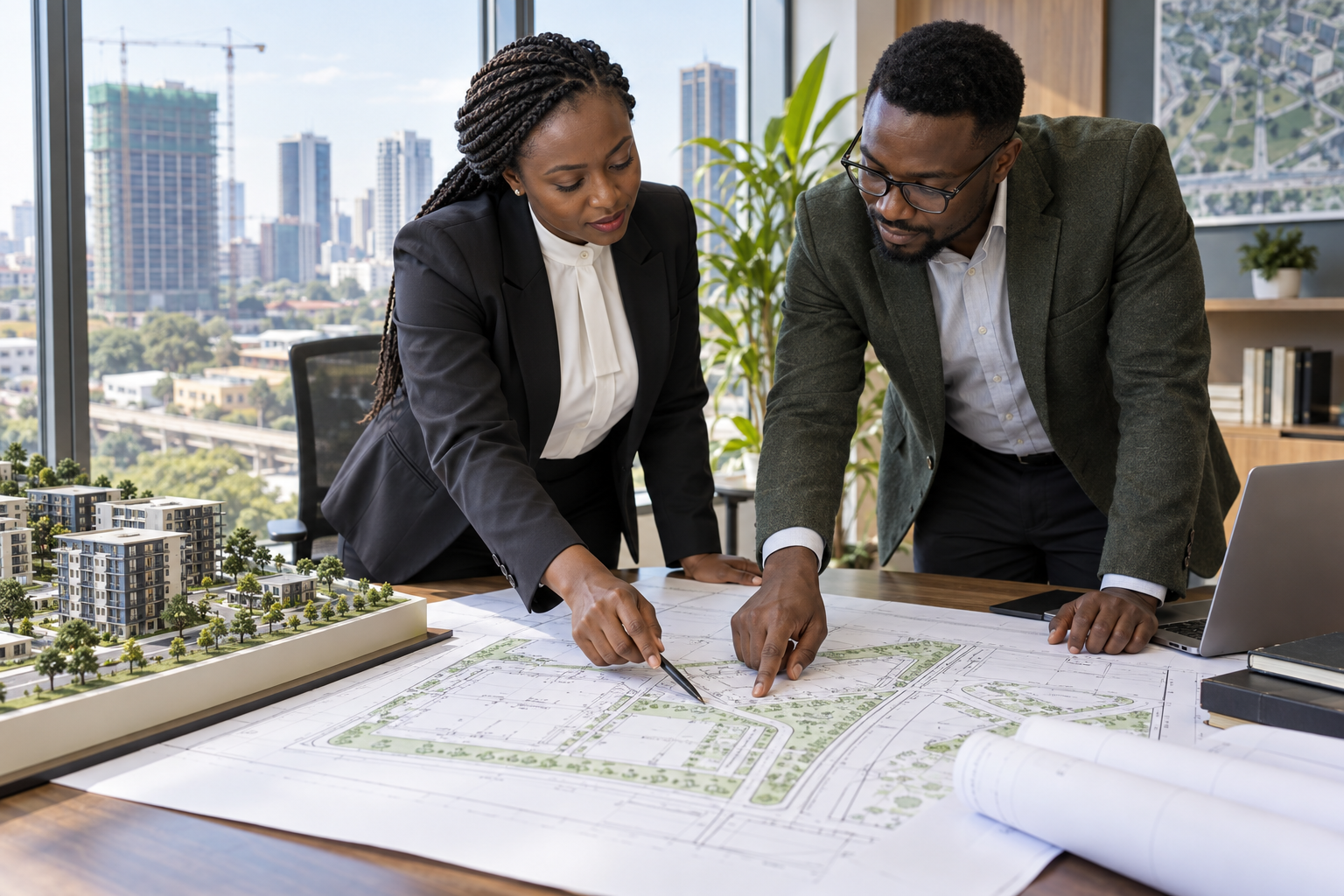A Kenyan conveyancing advocate reviewing development plans with an architect.